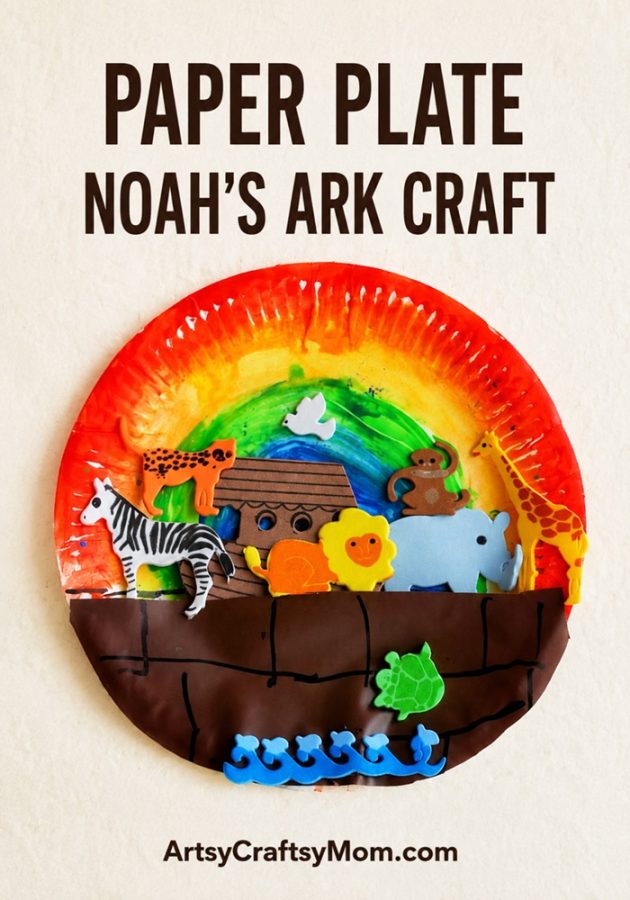 Easy Noah’s Ark Bible craft made with a paper plate, rainbow paint and animal cutouts