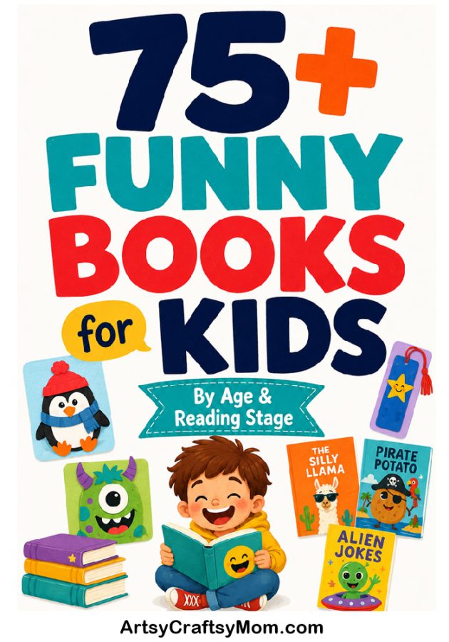 75+ funny books for kids with colorful book illustrations and playful reading-themed crafts