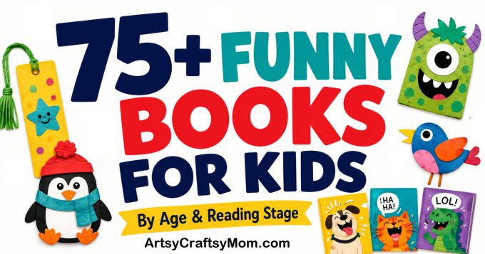 75+ funny books for kids by age and reading stage with colorful book and craft illustrations