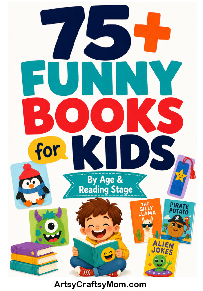 75+ funny books for kids with colorful book illustrations and playful reading-themed crafts