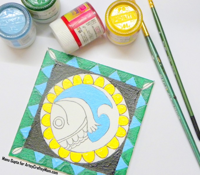 Celebrate the Indian art form of Madhubani with a gorgeous DIY Madhubani folk art fridge magnet! A great project to introduce kids to Indian folk art.