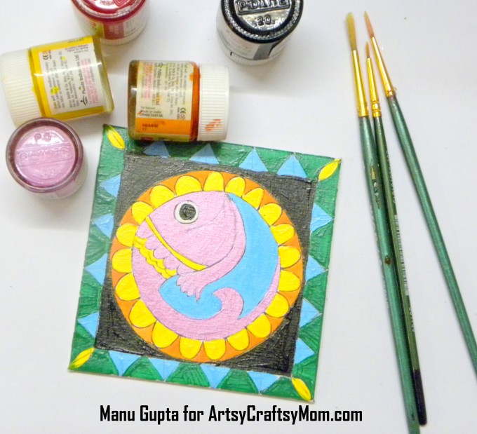 Celebrate the Indian art form of Madhubani with a gorgeous DIY Madhubani folk art fridge magnet! A great project to introduce kids to Indian folk art.