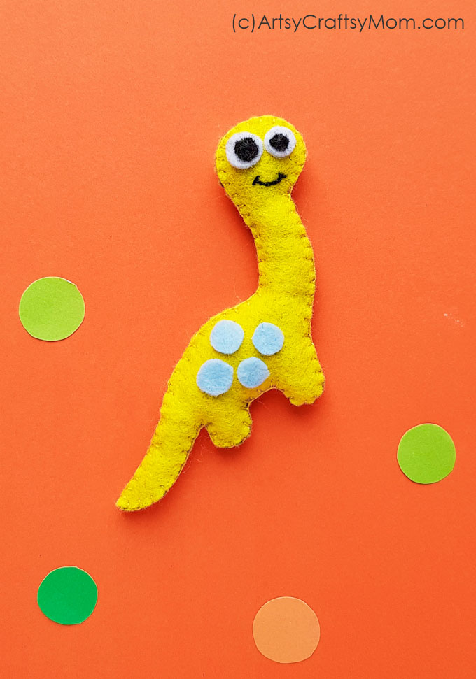 hand-sewn green felt dinosaur plushie for beginner sewers