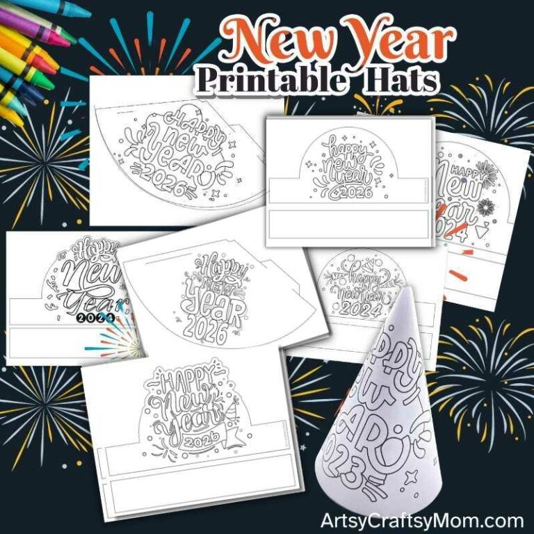 FREE Printable 2026 New Years Eve Coloring Party Hats - ArtsyCraftsyMom ...