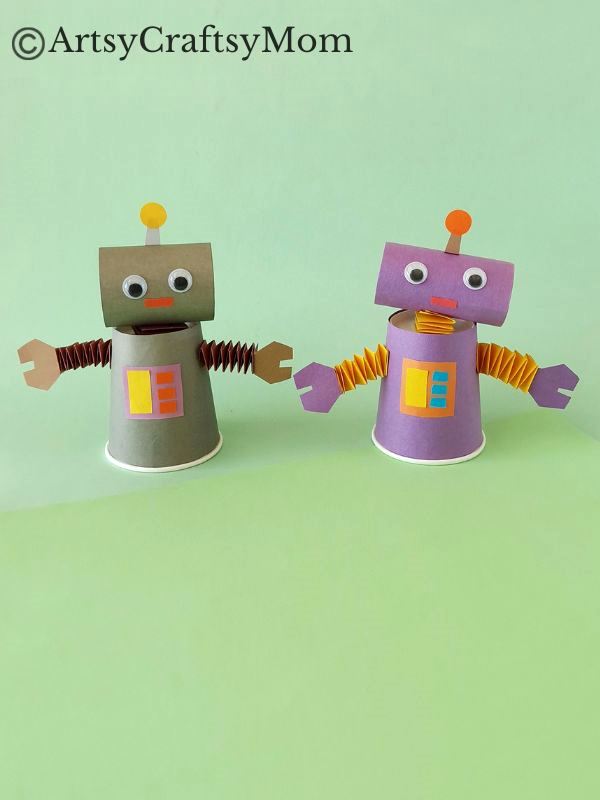Here's a cute little paper cup robot craft for kids to make and play with! A fun craft that shows children how to upcycle ordinary household items!