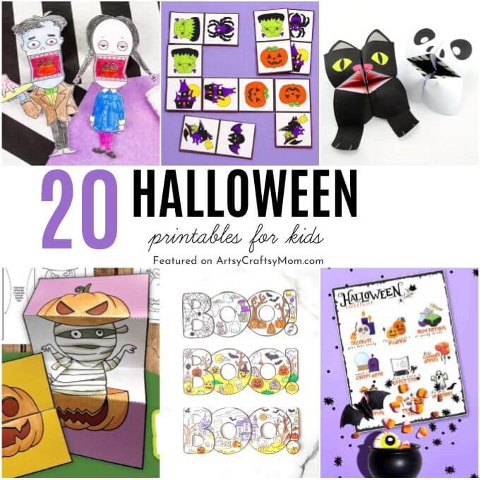 These Halloween printables for kids include pretty much everything - games, activity sheets, coloring pages, cards, puppets and much more!