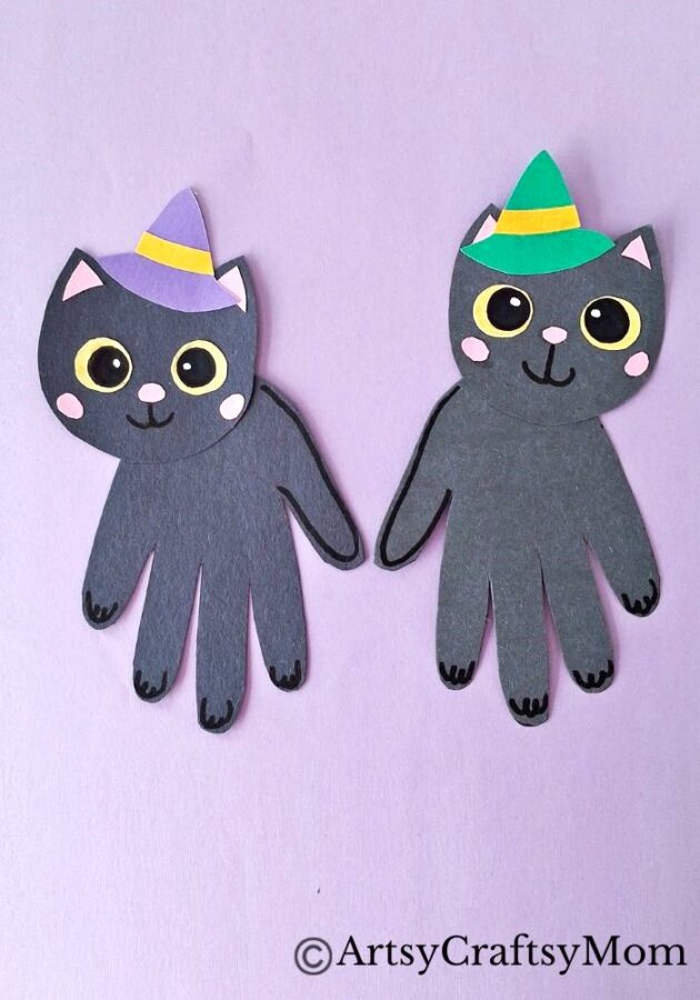If you're looking for a black cat craft this Halloween, you'll love this cute handprint black cat craft, made entirely out of colored craft paper!