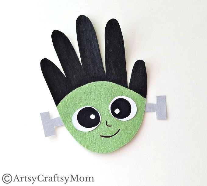 This handprint Frankenstein craft is super easy for kids to make - it's not at all like Dr. Frankenstein struggling to put together his monster!