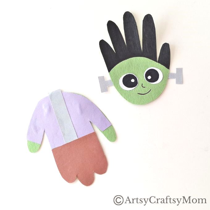 This handprint Frankenstein craft is super easy for kids to make - it's not at all like Dr. Frankenstein struggling to put together his monster!