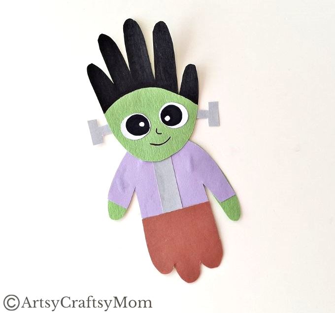 This handprint Frankenstein craft is super easy for kids to make - it's not at all like Dr. Frankenstein struggling to put together his monster!