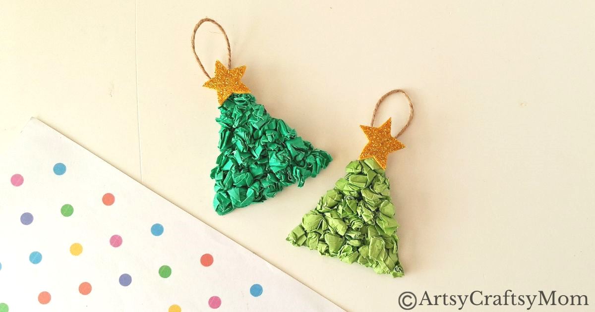 This crumpled paper Christmas tree ornament is the easiest Christmas craft for kids to try this holiday season - all you need is lots of green paper!