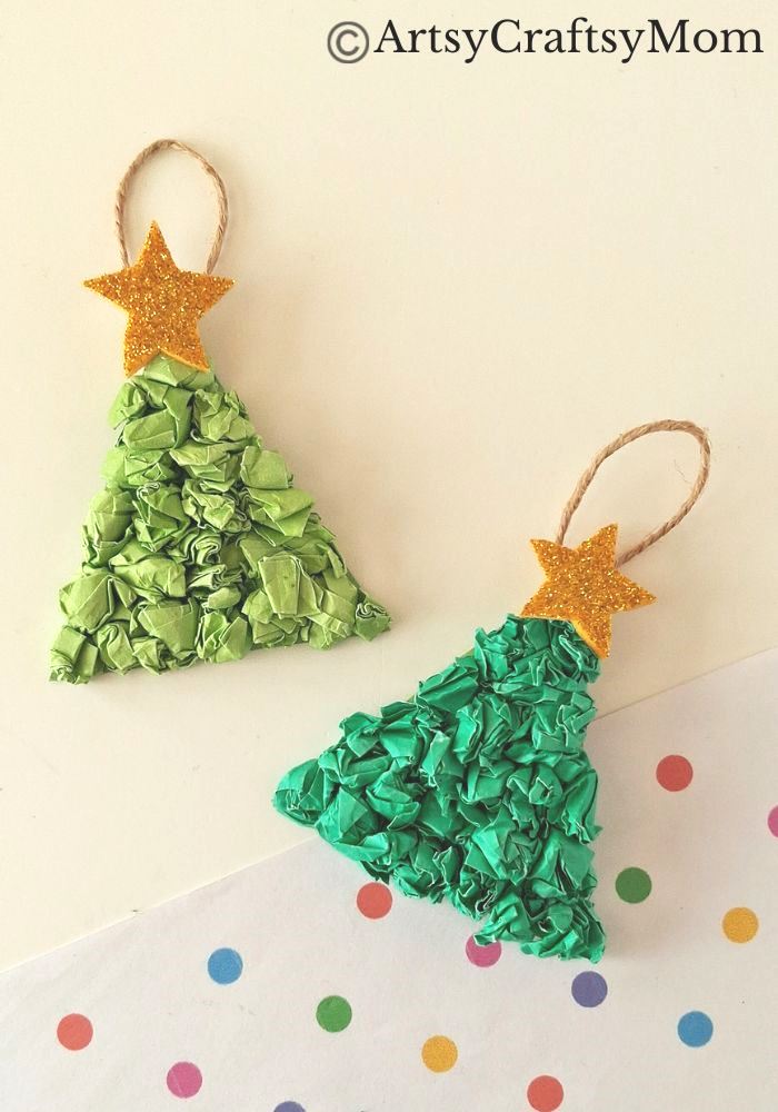 This crumpled paper Christmas tree ornament is the easiest Christmas craft for kids to try this holiday season - all you need is lots of green paper!