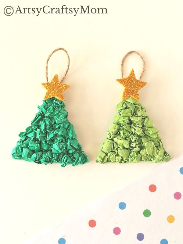 This crumpled paper Christmas tree ornament is the easiest Christmas craft for kids to try this holiday season - all you need is lots of green paper!