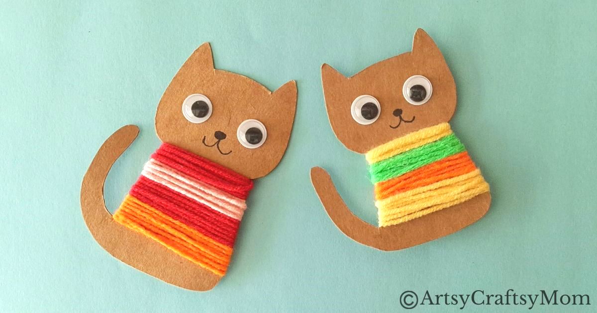 Colorful Yarn-Wrapped Cat Craft for Kids 14 This colorful yarn-wrapped cat craft is great for young kids to practice their fine motor skills while keeping them focused for a bit!