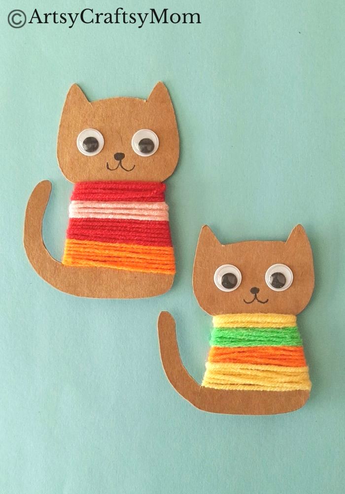 Colorful Yarn-Wrapped Cat Craft for Kids 1 This colorful yarn-wrapped cat craft is great for young kids to practice their fine motor skills while keeping them focused for a bit!