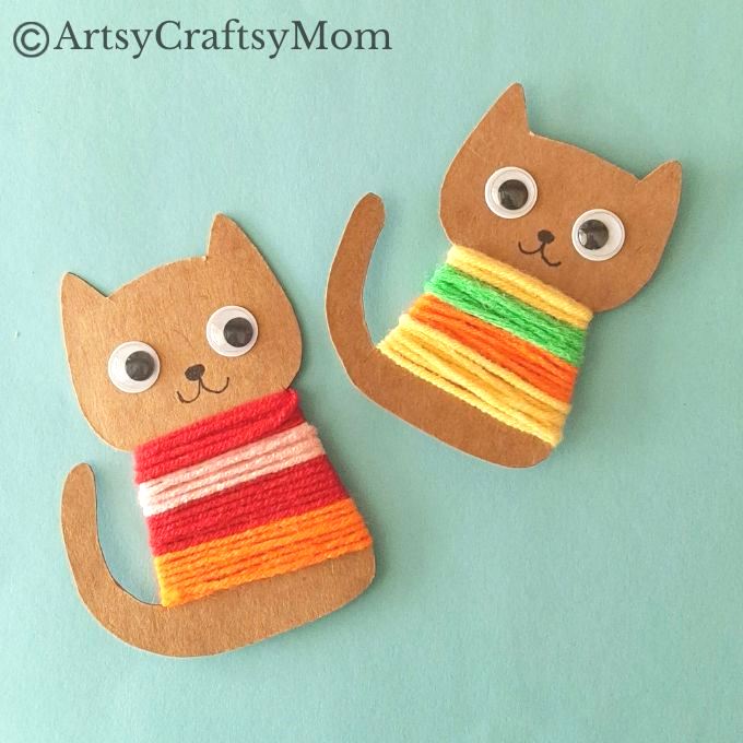 Colorful Yarn-Wrapped Cat Craft for Kids 12 This colorful yarn-wrapped cat craft is great for young kids to practice their fine motor skills while keeping them focused for a bit!