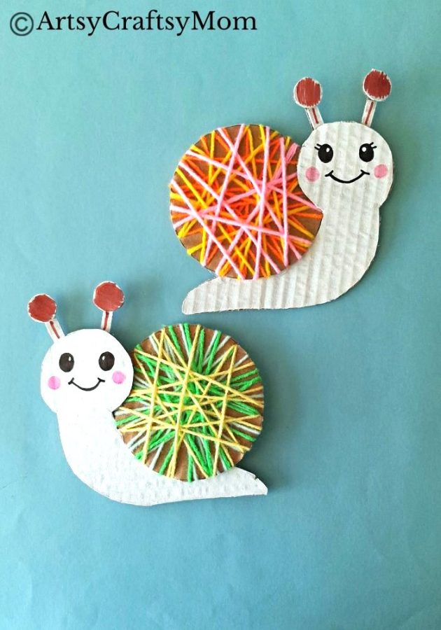 Here's a beautiful yarn-wrapped snail craft for kids to help exercise their fine motor skills and also help them focus intently on a task for a while!