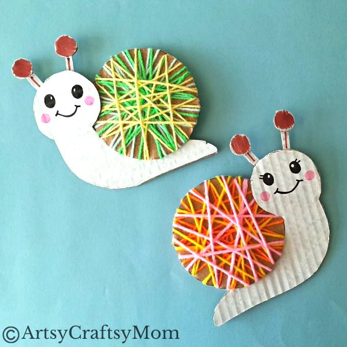 Here's a beautiful yarn-wrapped snail craft for kids to help exercise their fine motor skills and also help them focus intently on a task for a while!