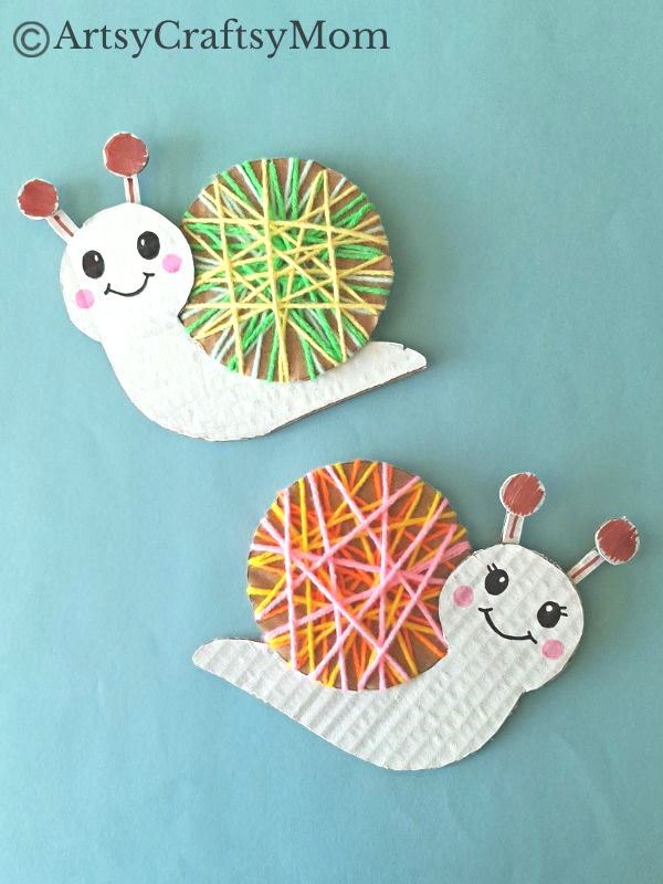 Here's a beautiful yarn-wrapped snail craft for kids to help exercise their fine motor skills and also help them focus intently on a task for a while!