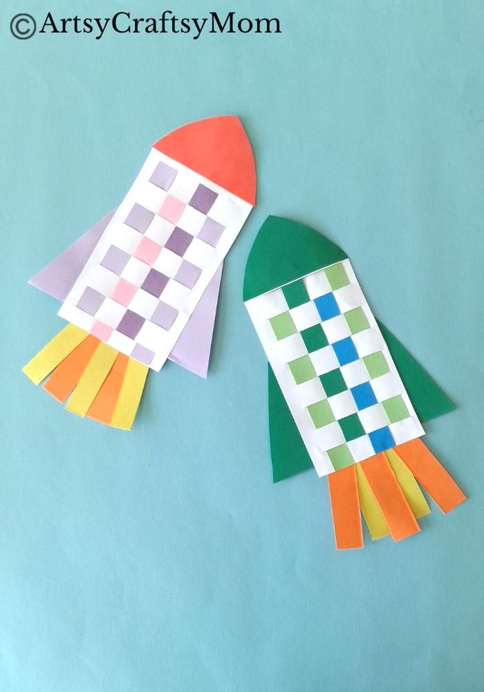 New to paper weaving? This colorful woven paper rocket craft is the perfect choice for little kids starting out, without overwhelming them!