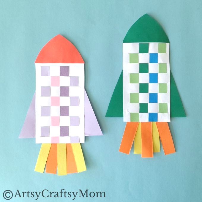 New to paper weaving? This colorful woven paper rocket craft is the perfect choice for little kids starting out, without overwhelming them!