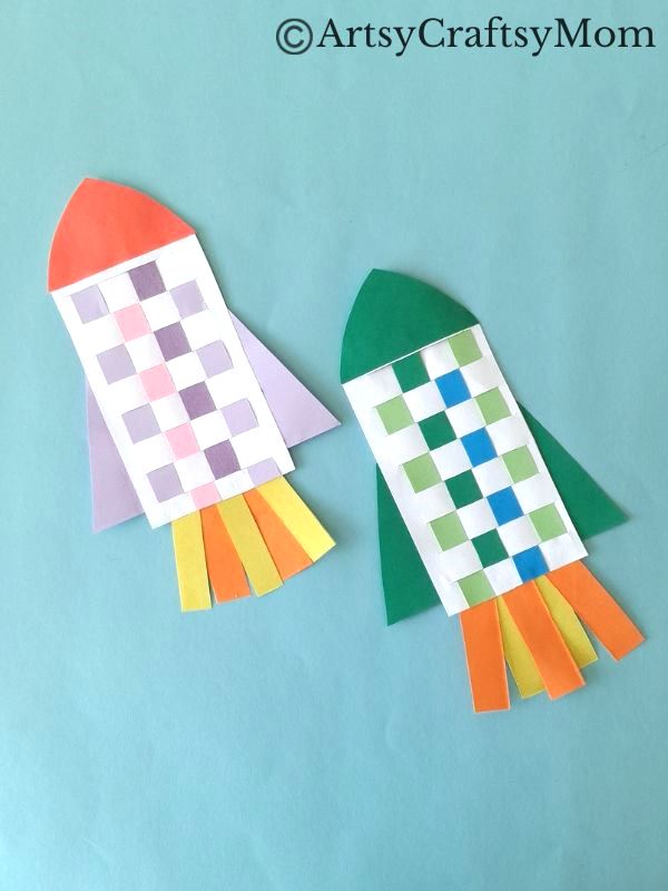 New to paper weaving? This colorful woven paper rocket craft is the perfect choice for little kids starting out, without overwhelming them!