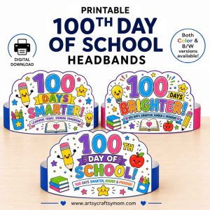 Make your 100th day celebration extra special with these Printable 100th Day of School Headbands for kids! The set includes 3 bright and playful designs: “100 Days Smarter,” “100 Days Brighter,” and “Happy 100th Day of School.”