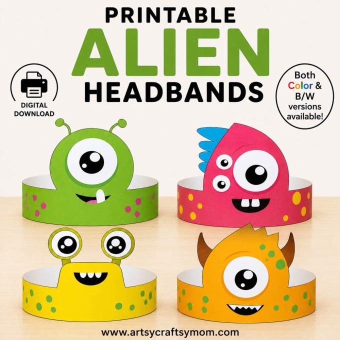 Printable Alien Headbands for kids featuring four colorful alien paper crowns with silly eyes, antennae, horns, and color and black-and-white versions.