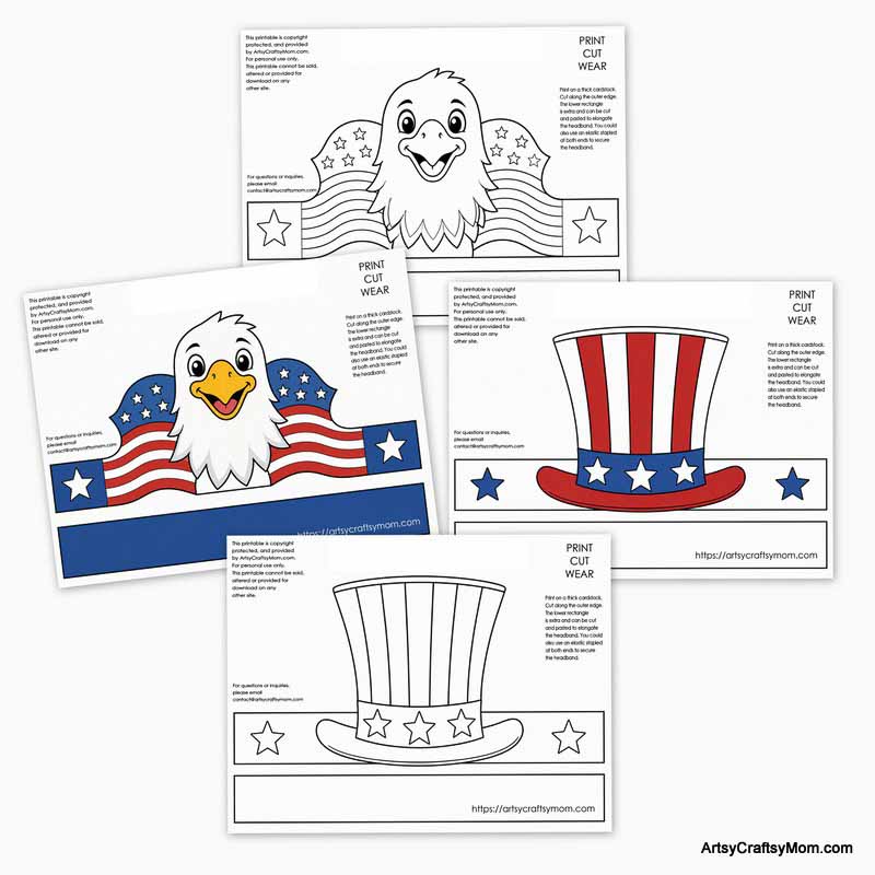 Printable American Symbol Headbands 3 Printable American Symbol Headbands for kids featuring patriotic paper crowns with bald eagle, Statue of Liberty, Liberty Bell, Uncle Sam hat, American flag, and White House designs.