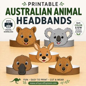 Australian animal craft, Australia Day craft for kids, koala headband printable, and kangaroo headband craft.