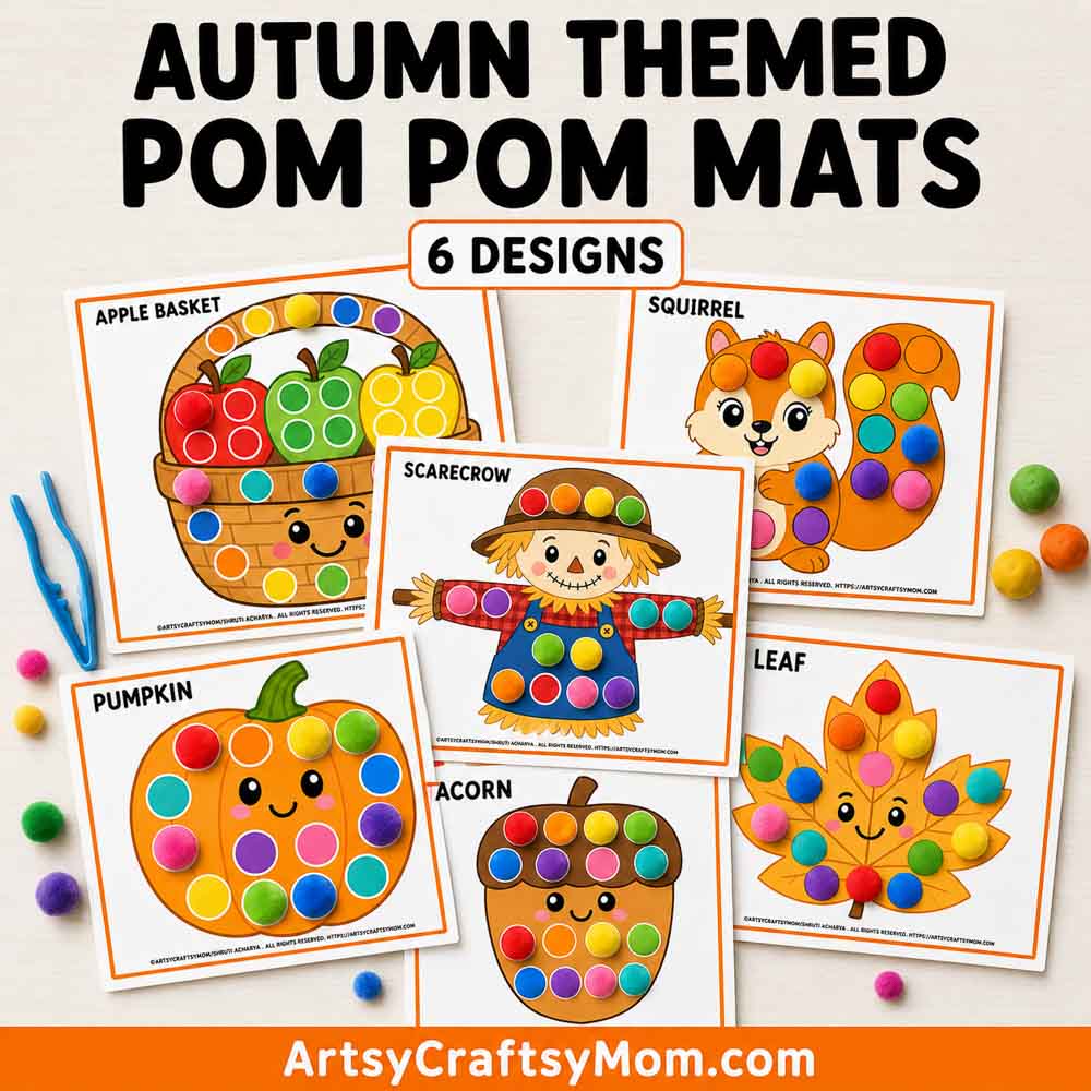Printable Autumn Pom Pom Mats 1 Printable Autumn Pom Pom Mats featuring apple basket, squirrel, scarecrow, pumpkin, acorn, and leaf activity pages with colorful pom poms.
