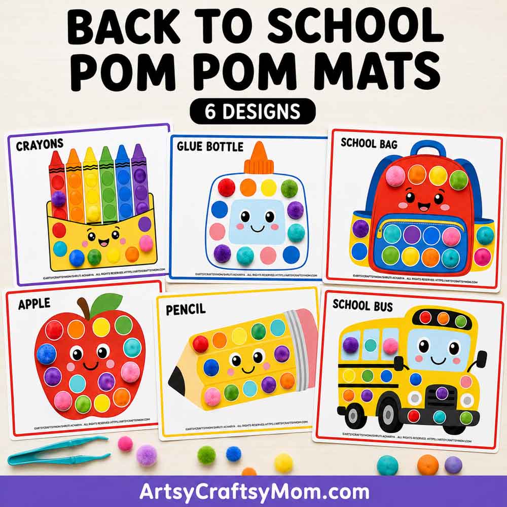 Printable Back to School Pom Pom Mats 1 Printable Back to School Pom Pom Mats featuring crayons, glue bottle, school bag, apple, pencil, and school bus activity pages with pom poms.
