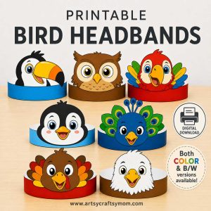 Printable Bird Headbands for kids featuring 7 bird paper crowns including toucan, owl, parrot, penguin, peacock, turkey, and eagle in color and black-and-white versions