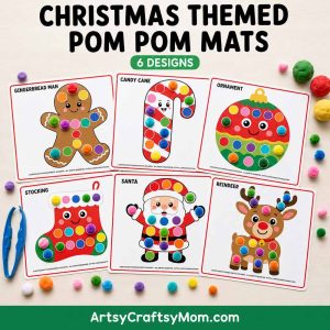Printable Christmas Pom Pom Mats featuring gingerbread man, candy cane, ornament, stocking, Santa, and reindeer activity pages with colorful pom poms.