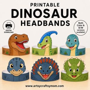 Printable Dinosaur Headbands for kids featuring 6 cute dinosaur paper crowns in color and black-and-white versions for classroom crafts, homeschool, and pretend play.