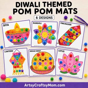 Printable Diwali Pom Pom Mats featuring diya, rangoli, firecracker, lantern, Indian sweet, and lotus activity pages with colorful pom poms.