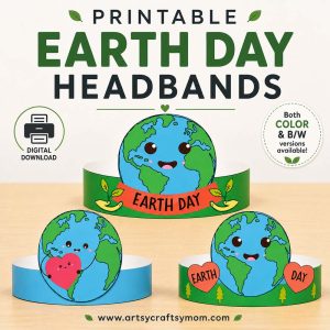 Printable Earth Day Paper Crowns for kids featuring three cute Earth-themed headbands with hearts, leaves, trees, and color and black-and-white versions.