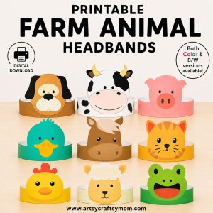 Printable Farm Animal Headbands for kids featuring 9 farm themed paper crowns including dog, cow, pig, duck, horse, cat, chicken, sheep, and frog designs.