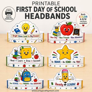 Printable First Day of School Headbands for kids featuring 6 back-to-school paper crowns with books, pencils, apples, backpack, star, light bulb, and positive first day messages in color and black-and-white versions.