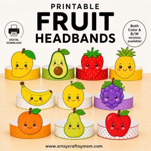 Printable Fruit Headbands for kids featuring 10 fruit paper crowns including mango, avocado, strawberry, pineapple, banana, lemon, grapes, orange, pear, and apple in color and black-and-white versions.
