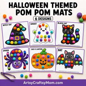 Printable Halloween Pom Pom Mats featuring witch hat, ghost, black cat, spider, jack o lantern, and bat activity pages with colorful pom poms.