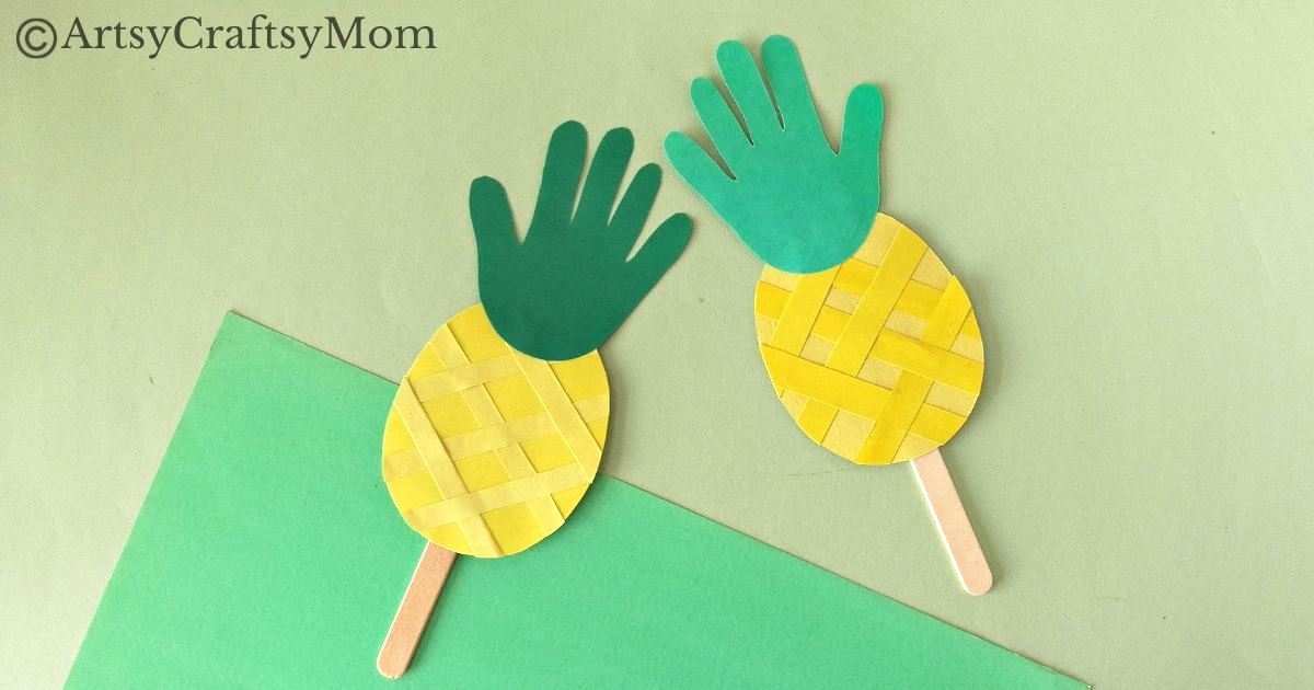 This juicy handprint pineapple craft for kids is perfect for the summer and looks good enough to eat! Ideal project for young kids and preschoolers!