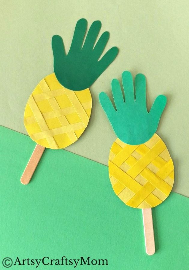 This juicy handprint pineapple craft for kids is perfect for the summer and looks good enough to eat! Ideal project for young kids and preschoolers!