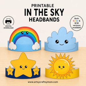 Printable In the Sky Headbands for kids featuring rainbow, cloud, star, and sun paper crowns in color and black-and-white versions.