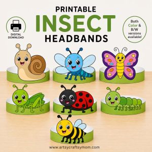 Printable Insect Headbands for kids featuring 7 bug paper crowns including snail, dragonfly, butterfly, grasshopper, ladybug, caterpillar, and honey bee in color and black-and-white versions