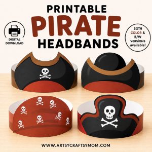pirate craft for kids, pirate party printable, pirate headband craft, pirate hat printable, and pretend play pirate activity.
