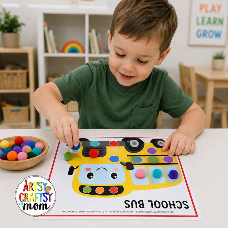 Printable Back to School Pom Pom Mats 3 Printable Back to School Pom Pom Mats featuring crayons, glue bottle, school bag, apple, pencil, and school bus activity pages with pom poms.