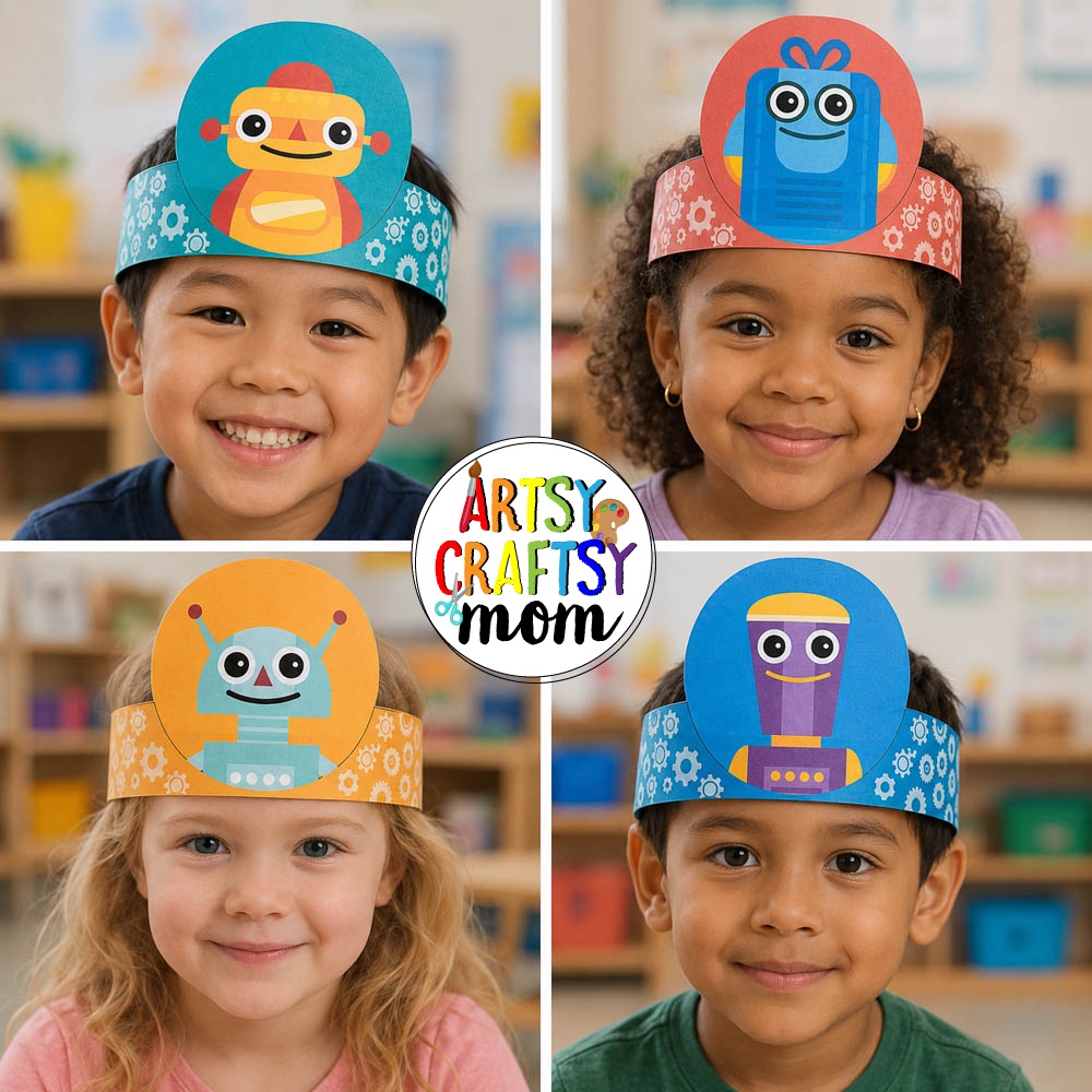 Printable Robot Themed Paper Crowns 3 Printable Robot Headbands for kids featuring four colorful robot paper crowns with gears, digital download icon, and color and black-and-white versions available. Short alt text: Printable Robot Headbands for kids. Individual alt text ideas: Printable robot paper crown craft for kids Colorful robot headband printable for STEM activities Robot-themed paper crown for classroom crafts Printable robot headband with gear pattern Black-and-white robot headband coloring craft for kids