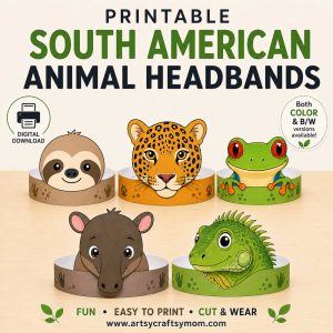 Printable South American Animal Headbands for kids featuring sloth, jaguar, red-eyed tree frog, tapir, and iguana paper crowns in color and black-and-white versions.