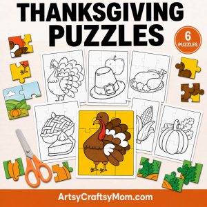 Printable Thanksgiving Puzzles for kids featuring 6 Thanksgiving puzzle designs with turkey, pilgrim hat, Thanksgiving dinner, pie, corn, and pumpkin in color and black-and-white versions.